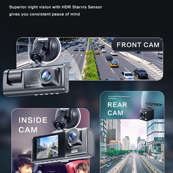 Dash Cam W/ IR Night Vision Loop Recording & 2" IPS Screen 1080P 3 Camera ， DVR recorder, video recorder, Vehicle DVR