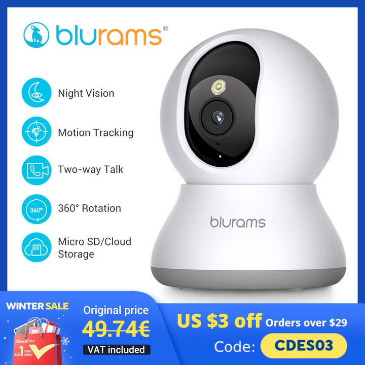 Blurams 2.4＆5G WiFi Indoor Camera, 2K, 360° PTZ Pet Dog IP CCTV Camera with Phone App, 2-Way Talk, Night Vision, for Home Securi