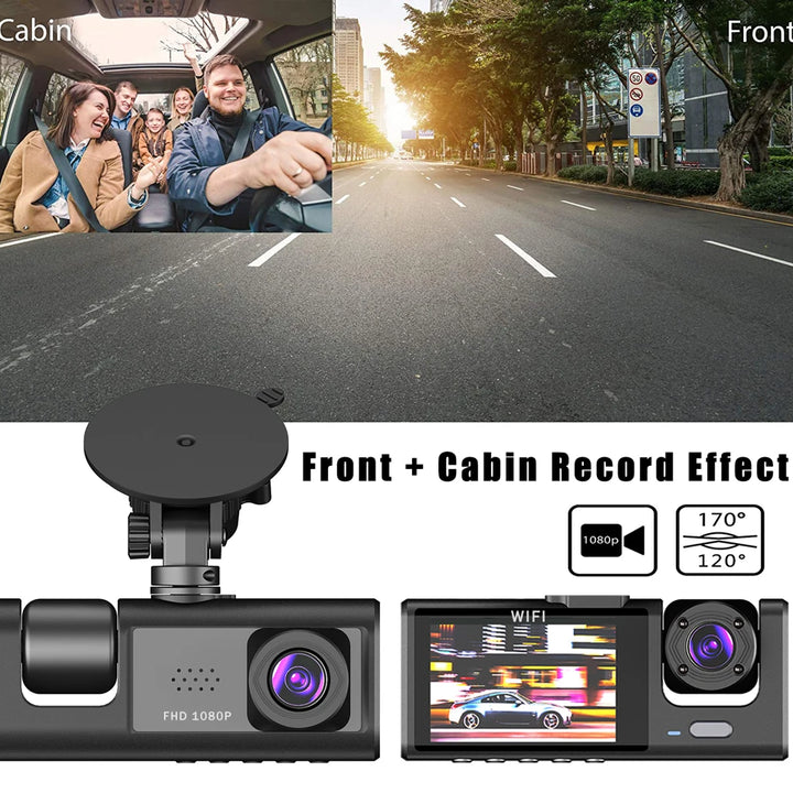 WiFi 3 Channel Mini Car DVR Three Way Dash Cam Inside Vehicle Camera DVRs Recorder FHD 1080P Video Dashcam Camcorder Black Box