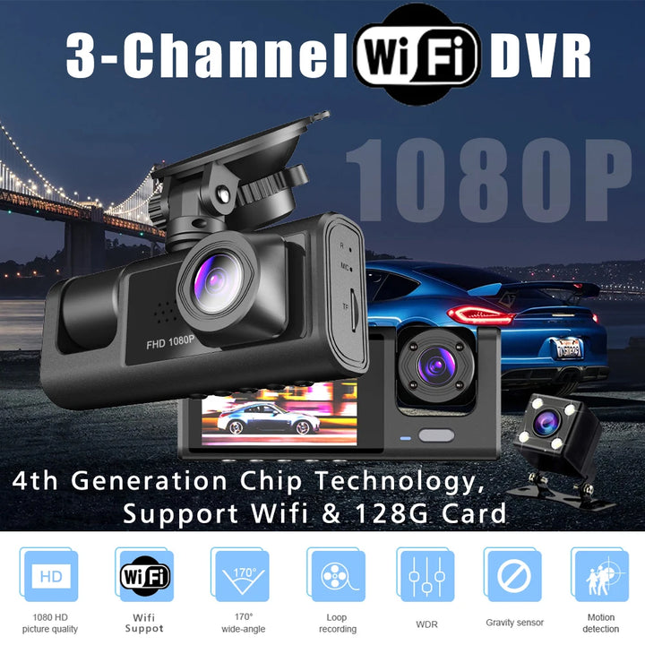 WiFi 3 Channel Mini Car DVR Three Way Dash Cam Inside Vehicle Camera DVRs Recorder FHD 1080P Video Dashcam Camcorder Black Box